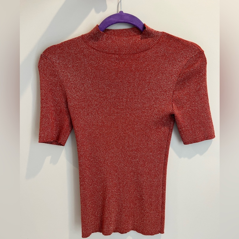 Forever 21 Rust Glitter Ribbed Stretchy Knit Mock Neck Short Sleeved Top Size M